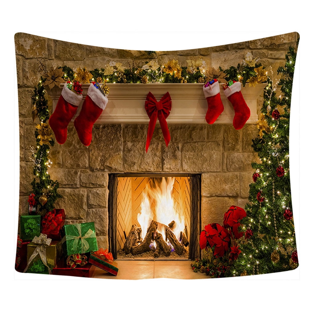 Christmas Fireplace Backdrop Xmas Happy Party Tree Sock Photo Background Banner 