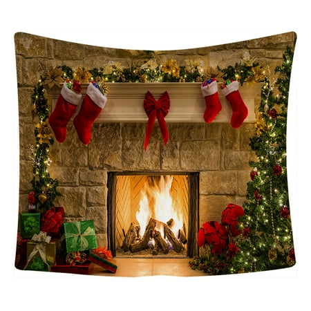 Image of Xmas Fireplace Backdrop Christmas Tree Photography Background Party Banner Home Decoration 230x180cm