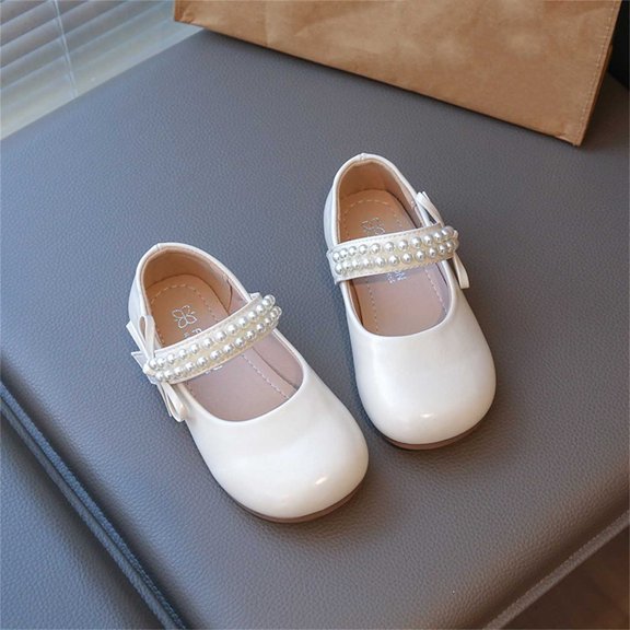 Abomasnow Shoes for Toddler Girl Non Slip Flats Shoes Soft Sole Pearl Trim Princess Dress Shoes