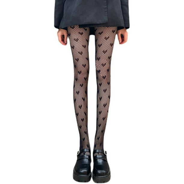 Black Patterned Pantyhose with Heart and Dot Design