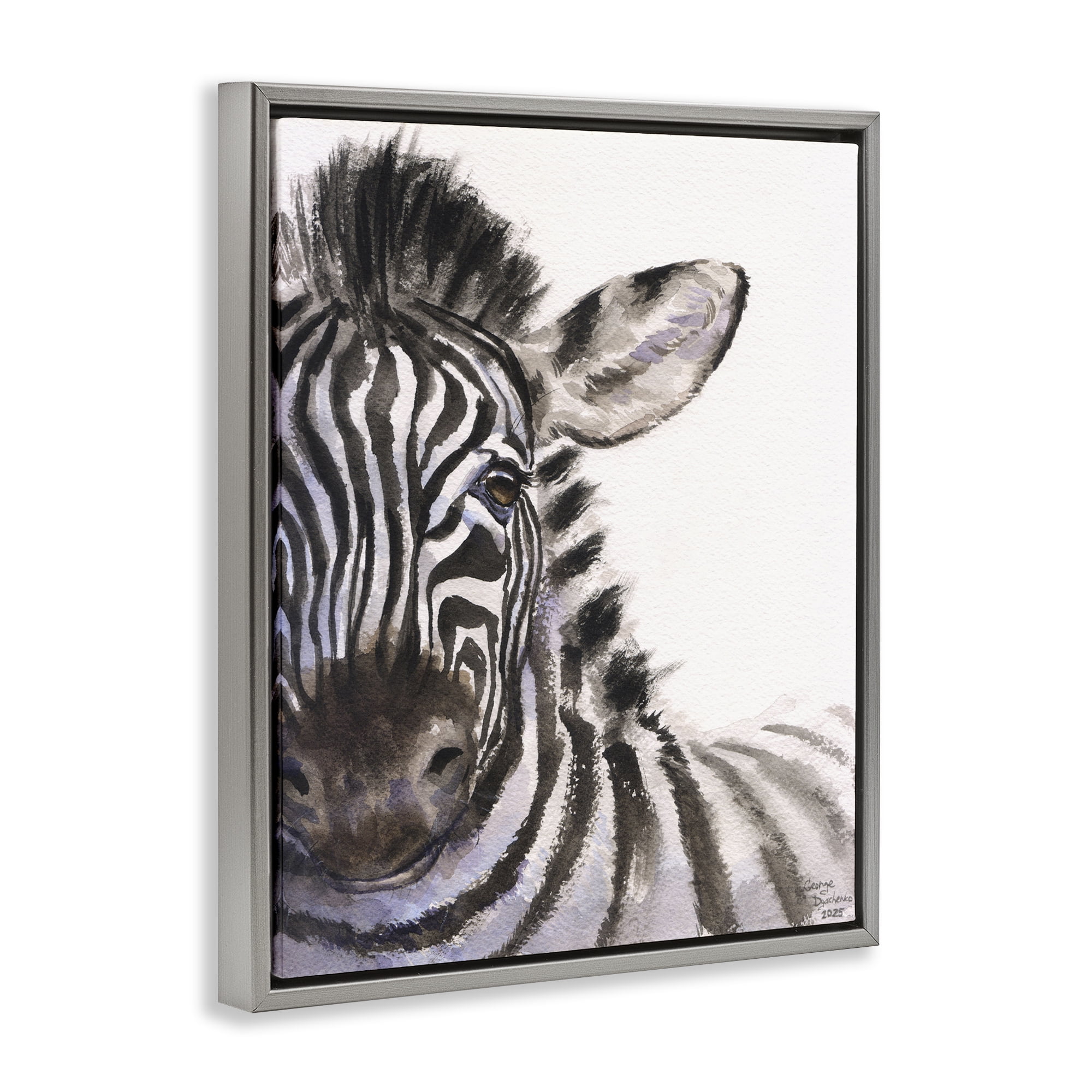 Stupell Industries Zebra Portrait on White Gray Framed Floater Canvas Wall Art, design by George Dyachenko