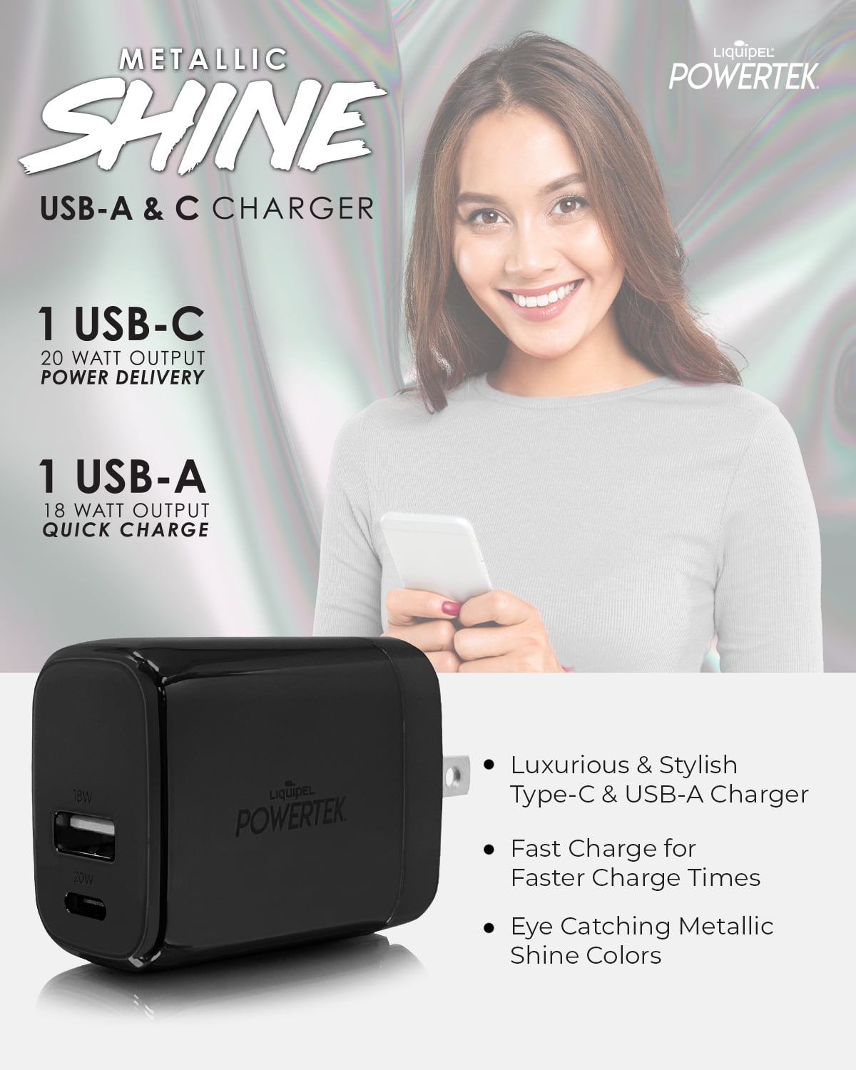 Liquipel Powertek 38W PD USB C 20W and USB A 18W Dual Port Wall Charger, Fast Charging Phone Wall Block Power Adapter Cube and Foldable Plug, Compatible with iPhone, iPad, iWatch, Galaxy, Android
