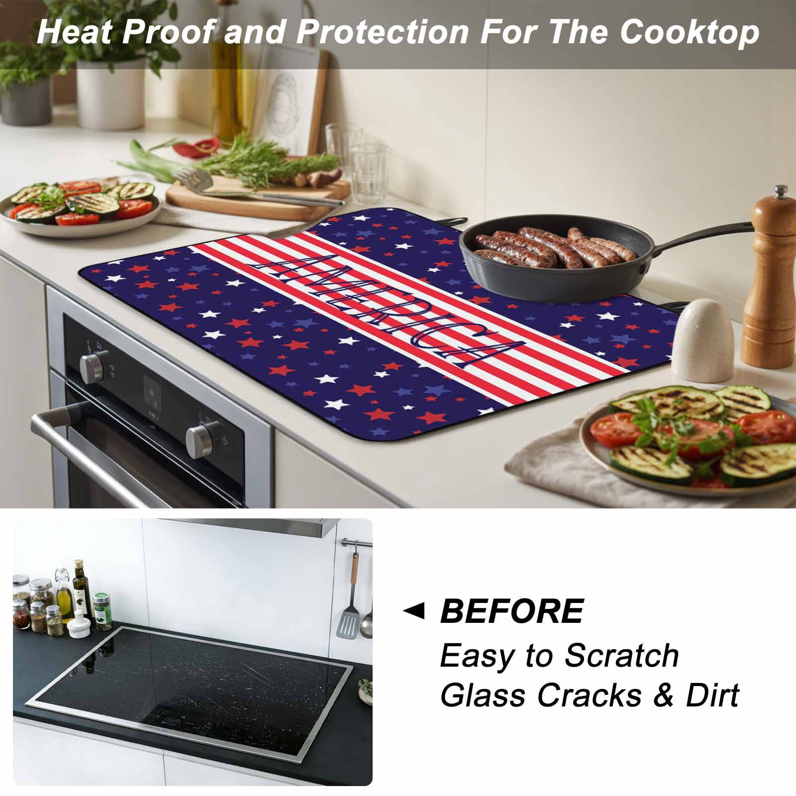 Independence Day Stove Top Cover for Electric Stove, Heat-proof & Non Slip Glass Top Stove Cover Protector, American Flag Red Blue Star Striped Kitchen Flat Cooktop Rubber Mat 24x21 Inches