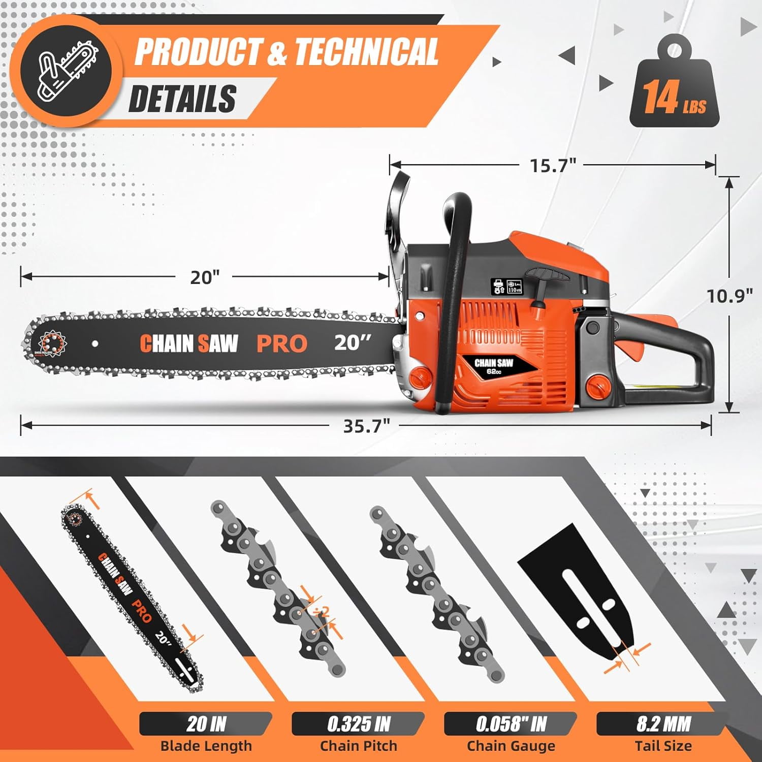 Datingday 62cc Gas Chainsaw, 3.5HP 12000 RPM Professional Handheld Chainsaw with Anti-Vibration & Quick-Stop Brake, 14 lbs Lightweight Design for Firewood Cutting, Trimming, Felling