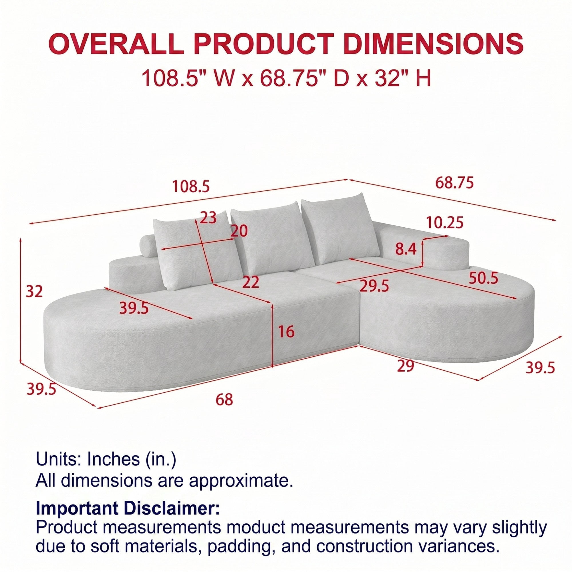Sailvan 108.5" Modern Curved Chenille Sectional Sofa, Modular L-Shaped Couch with 3 Pillows Grey