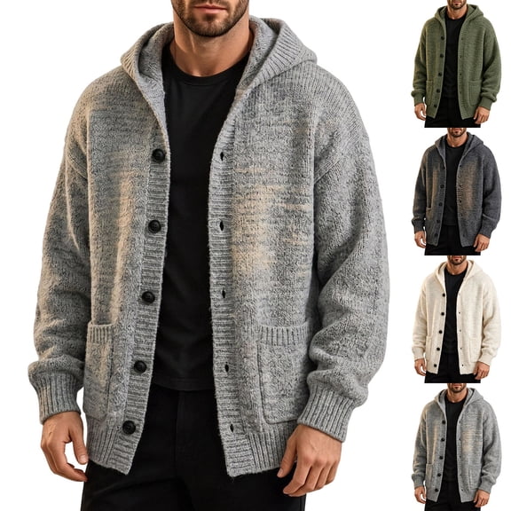 Ceisia Men's Hooded Button Down Knit Cardigan Long Sleeve Loose Casual Sweater Jacket With Side Pockets Gift