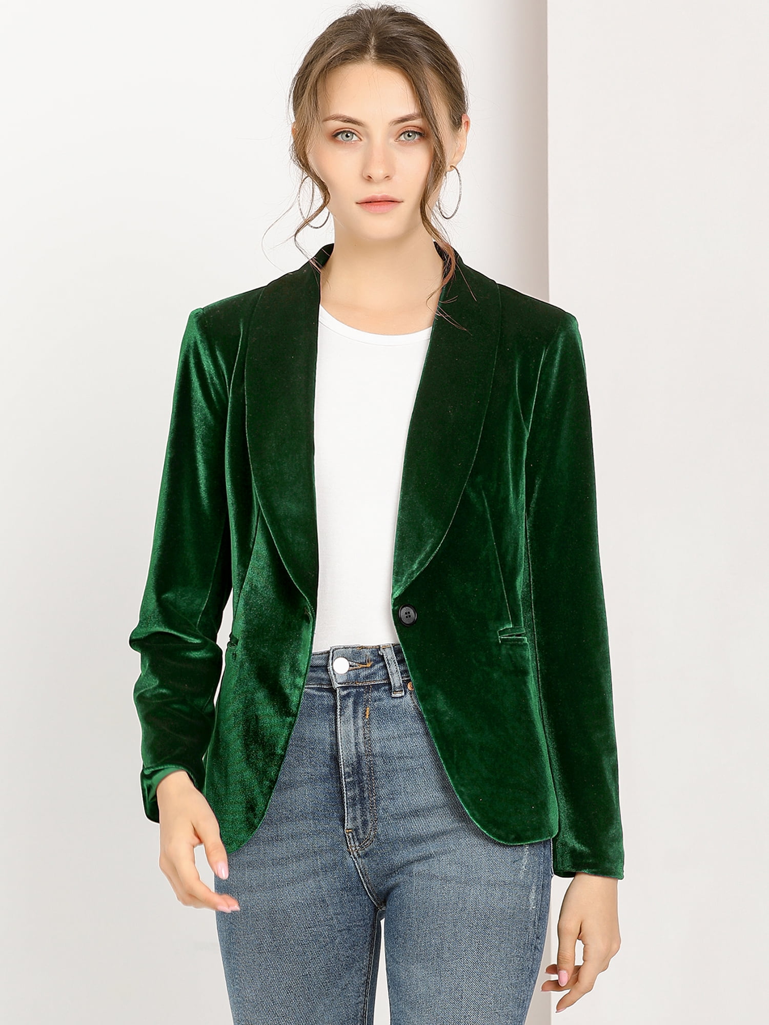 DARING DIVA Women's Velvet Office Coat Solid Shawl Collar Blazer 2XL Green