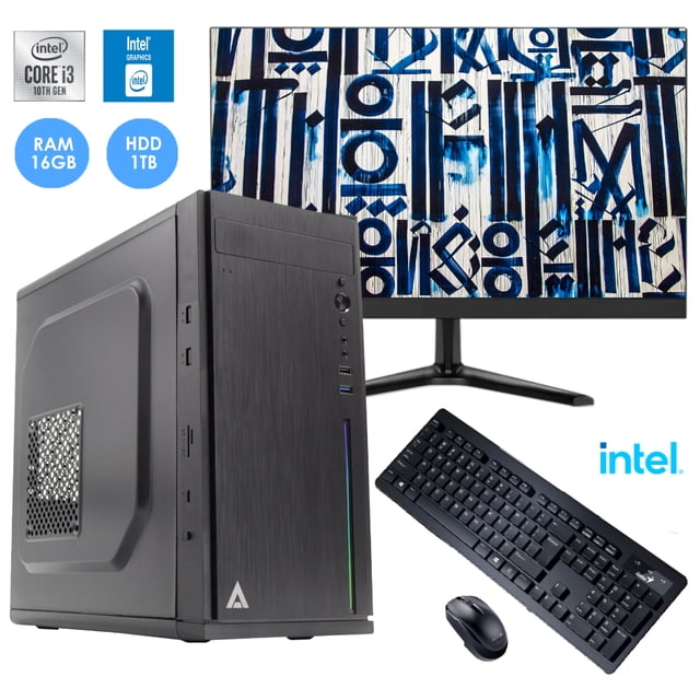 computadora cpu i3 10100 intel disco duro 1tb ram 16gb monitor 22 pulgadas ultra fino — torre negra frontal 3/4 con panel cepillado y logo triangular, monitor ultra fino 22" Full HD con base en T, teclado y mouse negros; gabinete mostrado armado, WiFi y Windows 10 de prueba indicados. A menudo usado como equipo básico para oficina en casa o tareas escolares.