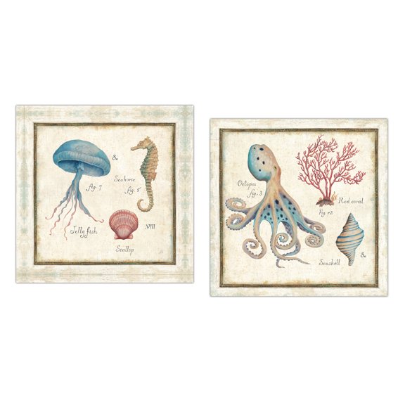 Off-White and Blue Octopus Seahorse and Shell Adult Coastal Decor; 2 - 12" x 12" Unframed Posters