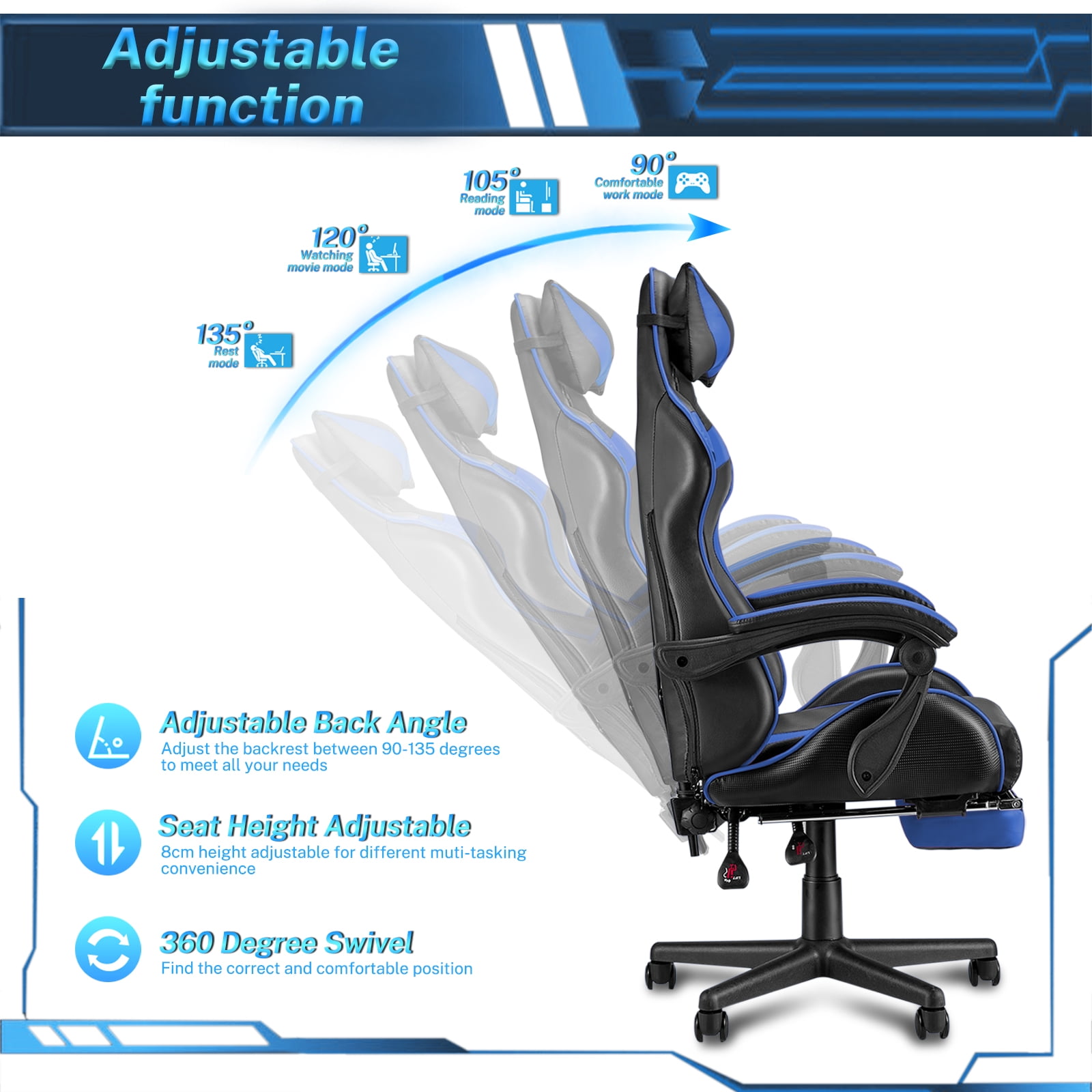 Luxvie Gaming Chair with Footrest High Back Office Chair with Headrest&Massage Lumbar Support Swivel Ergonomic Gaming Chair for Adults Kids,Blue
