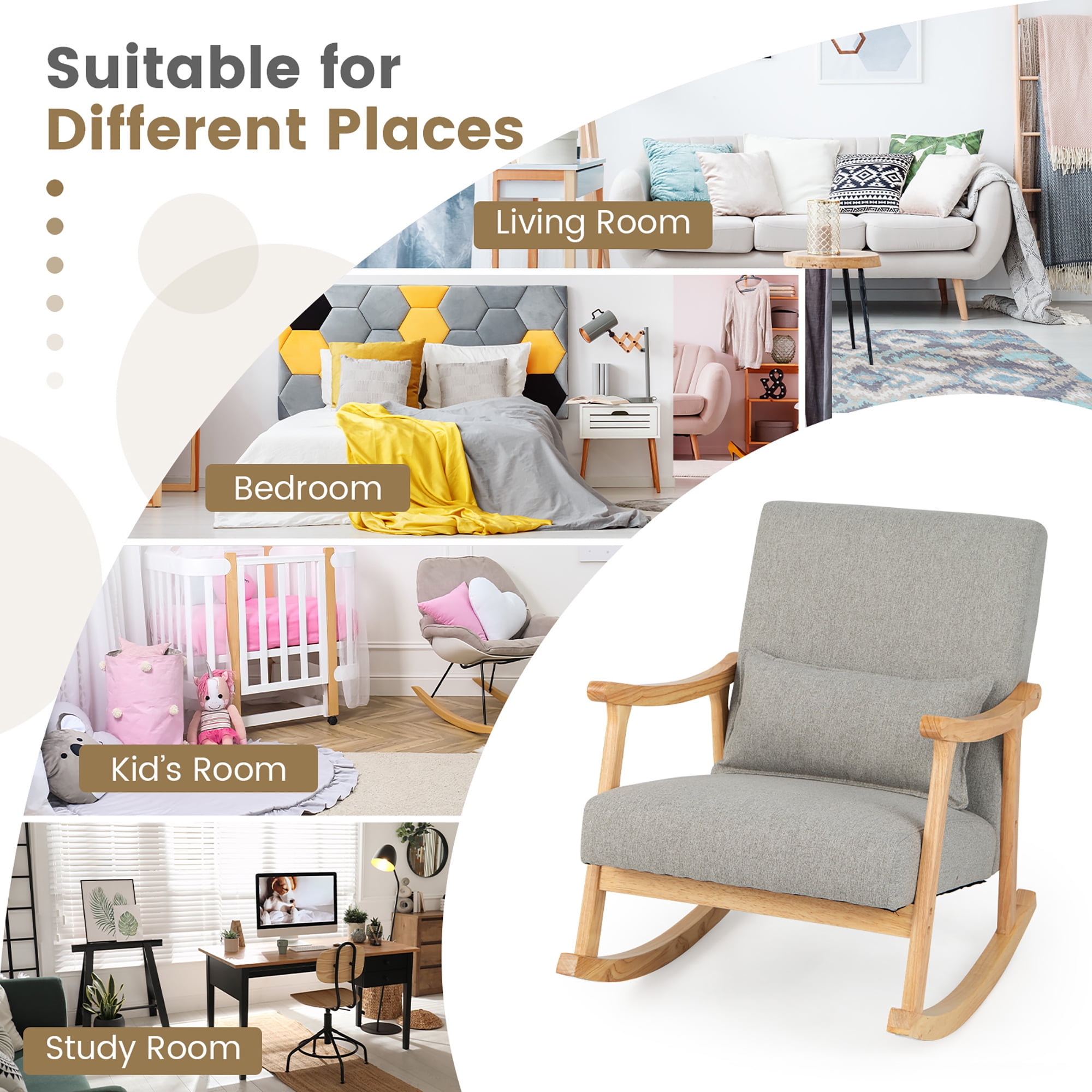 Costway Upholstered Rocking Chair with Pillow Rocking Armchair with Rubber Wood Frame Grey