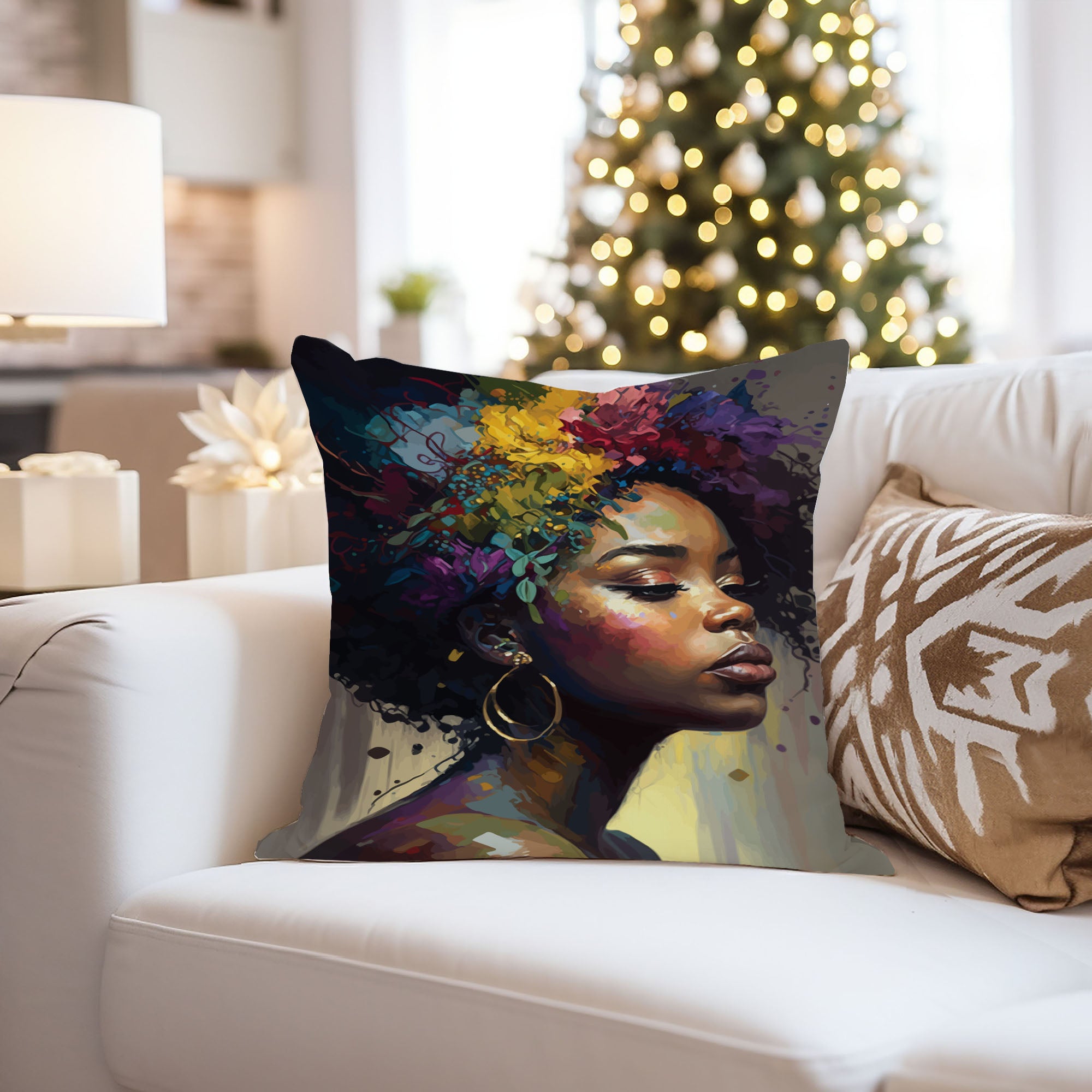 Ethan Taylor People & Portraits Throw Pillow Soft Cushion Cover 'Black Woman Portrait, African American Art Female Portraits' Modern Decorative Square Accent Pillow Case, 16x16 Inches, Brown, Green - image 4 of 5