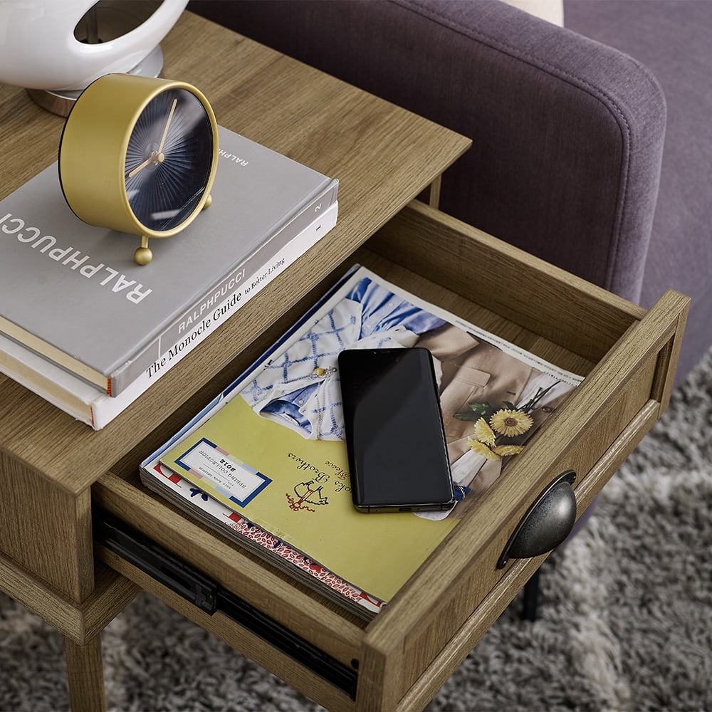 Caffoz End Side Table with Fully Extended Storage Drawer，Golden Oak