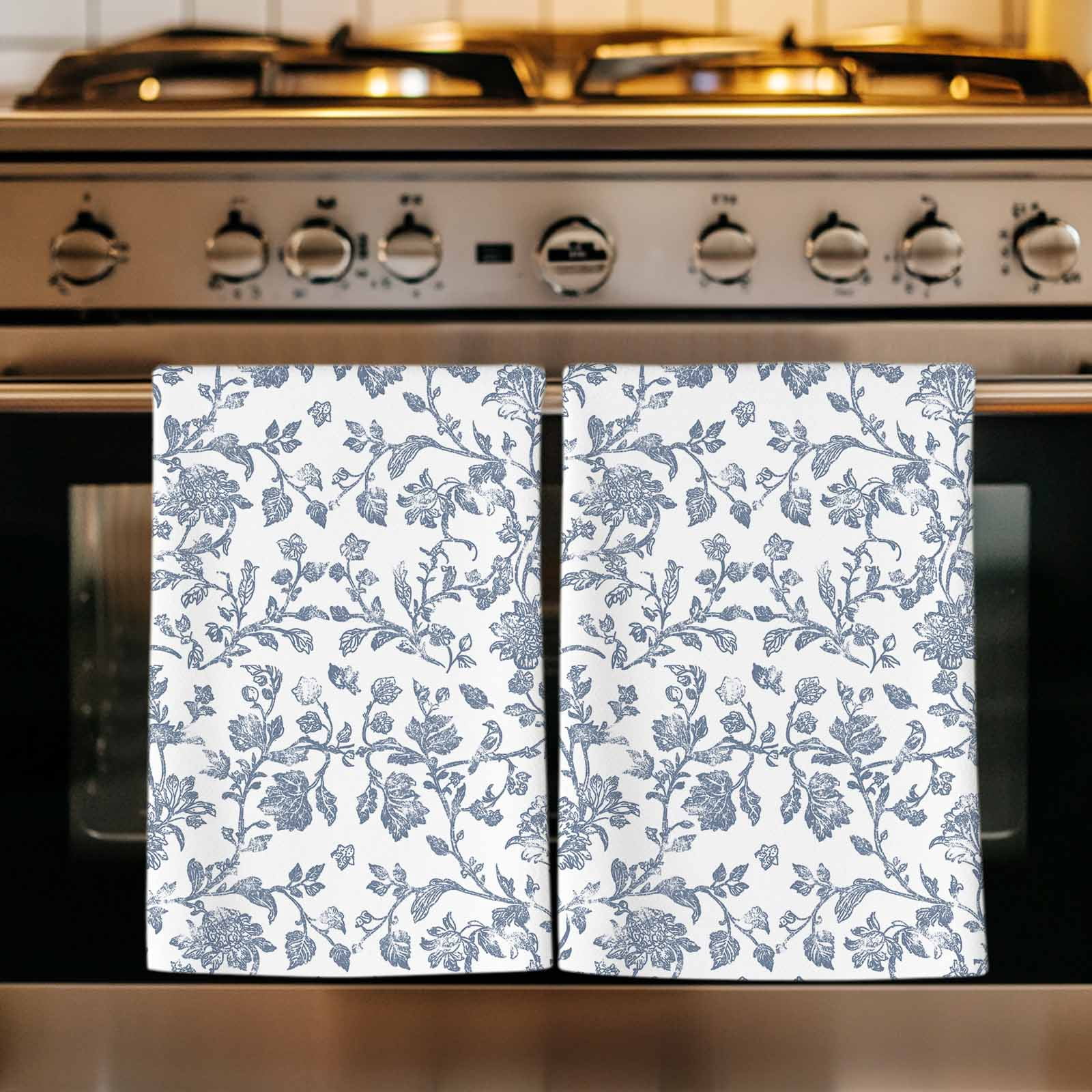 Blue Flower Kitchen Towels Set of 2, Vintage Farmhouse Boho Leaf Spring Summer Soft Microfiber Dish Towels, Absorbent Quick-Dry Washable Dishcloths for Kitchen Cleaning, Drying Dishes, 18x28 Inches