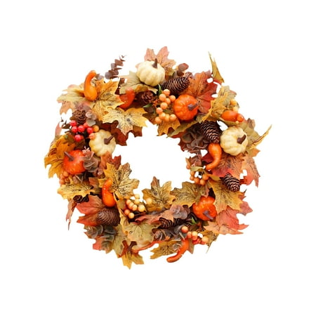 Artificial Maple Leaf Wreath with Pumpkins Pinecones and Berries for Door Wall Table Seasonal Home Decoration