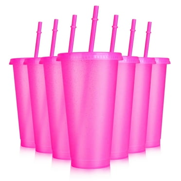 16 Pieces Reusable Cups with Lids and Straws, 24 oz Glitter Plastic Tumbler Iced Coffee Cups Travel Mug Cup for Birthday Party, Smoothie Juices Beach Party, Bachelor Party (Hot Pink)
