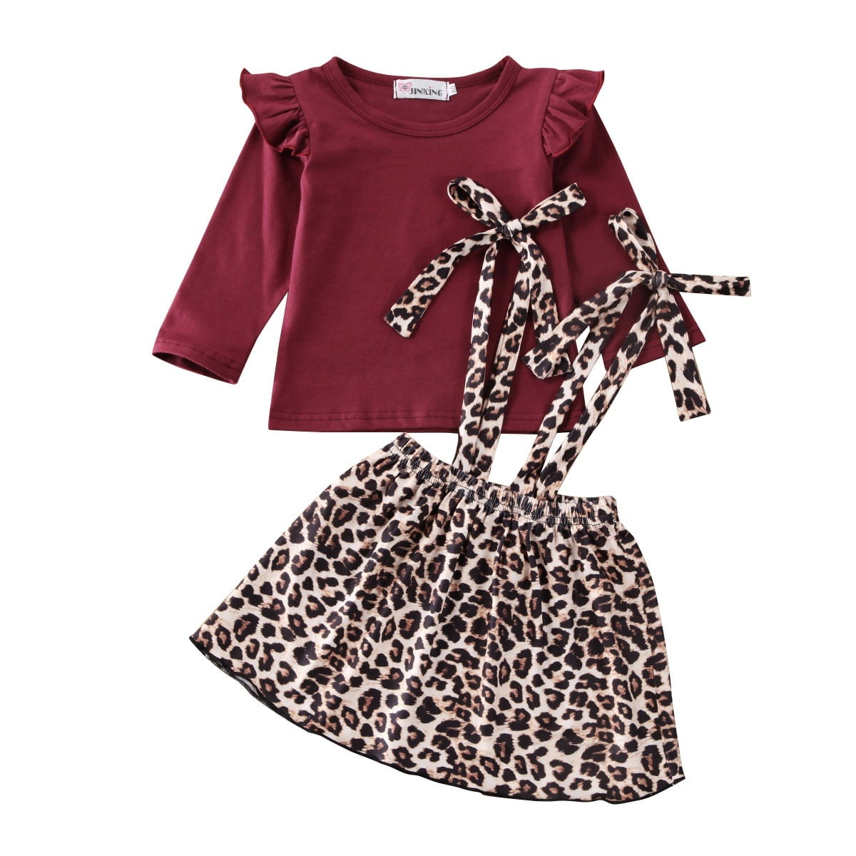 2PCS Toddler Kids Baby Girls Outfit Long Sleeve Ruffle Lace T-Shirt+Suspender Skirt Overalls Set