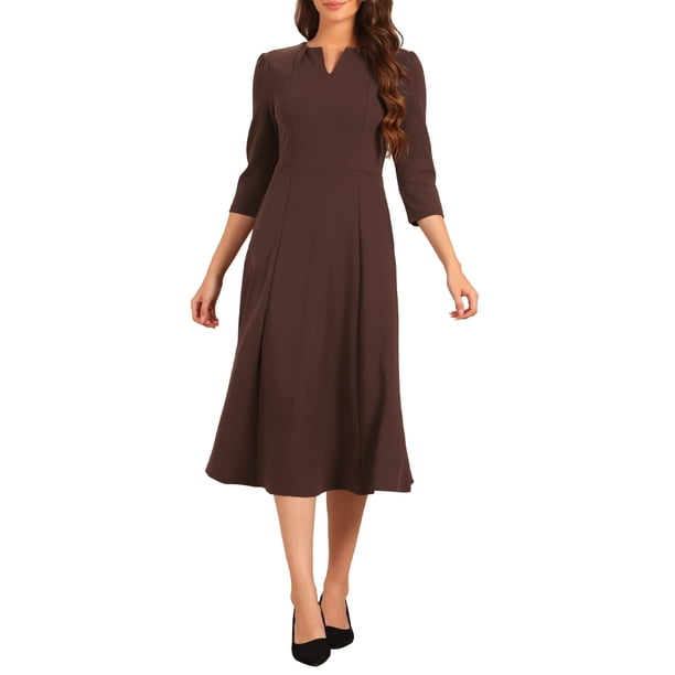 Vestido de trabajo para mujeres INSPIRE CHIC, corte A, mangas 3/4, vestido midi elegante, marrón oscuro, talla S