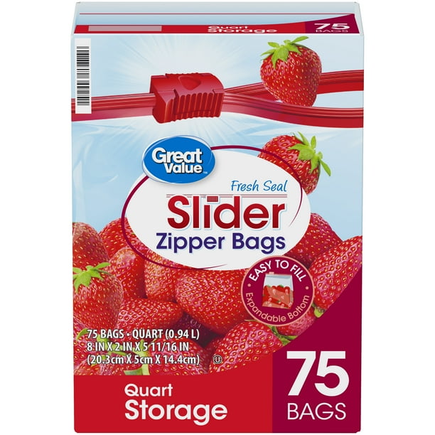 Great Value Slider Zipper Quart Storage Bags, 75 count