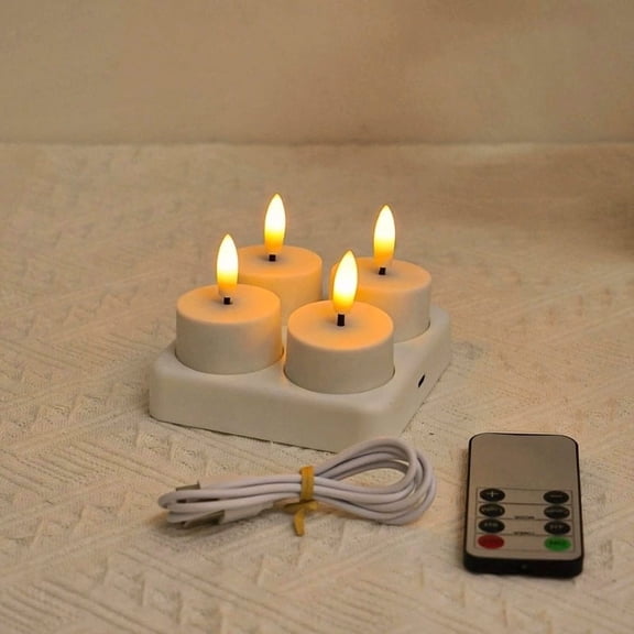 4 Pcs Rechargeable LED Tealight Candles with Remote Timer and Charging Base, Flameless Flickering Tea Lights Set for Home Table Centerpiece Halloween Christmas Wedding Party Decor