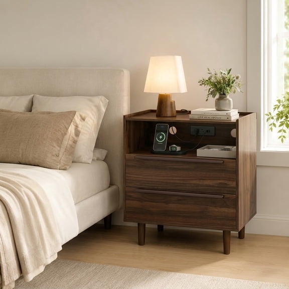 VITALOOM Dark Walnut Nightstand with Charging Station, 2 Drawer Bedside Table, Open Shelf & Tray Top