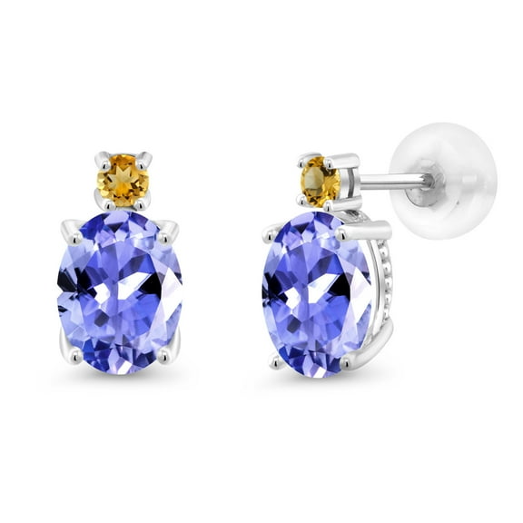 Gem Stone King 14k White Gold Blue Tanzanite and Yellow Citrine Earrings for Women (2.46Cttw, GemstoneDecember Birthstone, Oval 8X6MM, Round 2.5MM)