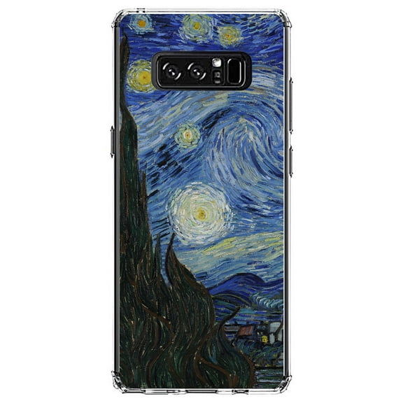 DistinctInk Clear Shockproof Hybrid Case for Samsung Galaxy Note 8 - TPU Bumper, Acrylic Back, Tempered Glass Screen Protector - Van Gogh Starry Night - Classic Art