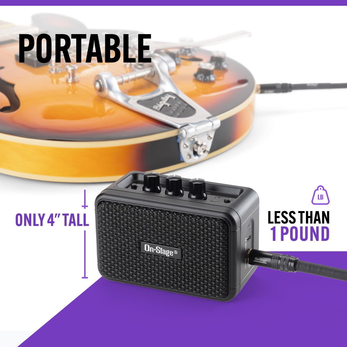 On-Stage 4" Travel Electric Guitar Amp - Lightweight&Portable, Bluetooth, USB C, Full Range Speakers, 3-Hour Charge for 7Hours Playtime