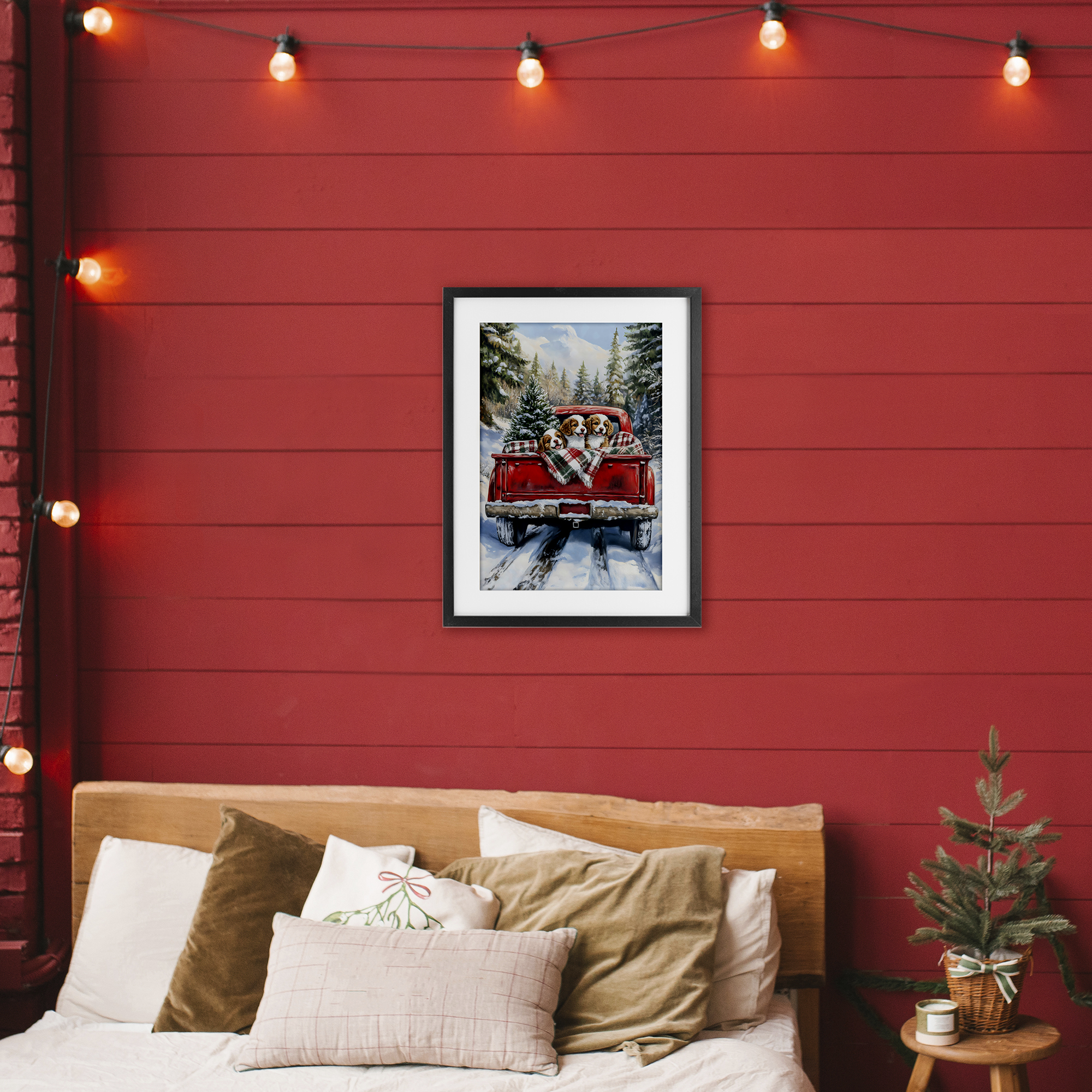 Christmas Truck Pups Trio Black Framed Print Under Glass, design by Petal Prints Design
