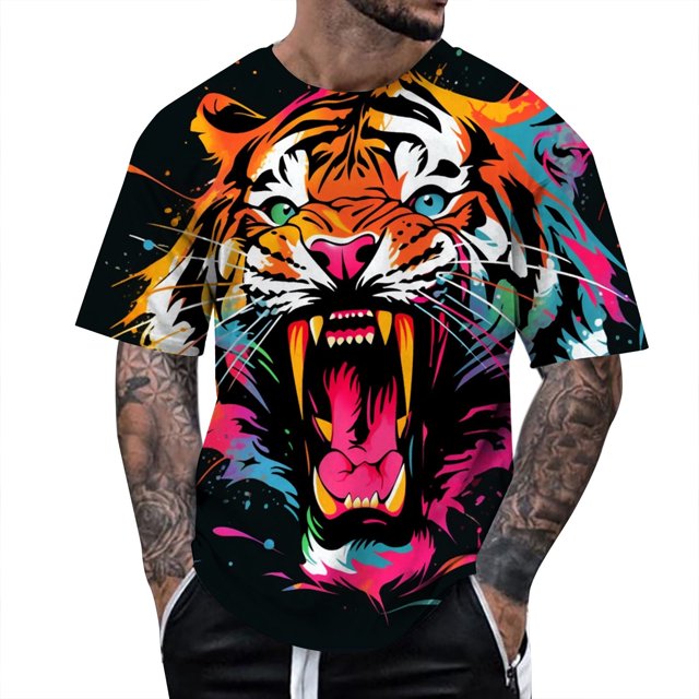 TSADFHJI Chemises pour Hommes Coupe Décontractée Automne Printemps et Automne Imprimé Manches Courtes Col Rond T-Shirt Floral Tendance Mode Basique Tops TG Noir