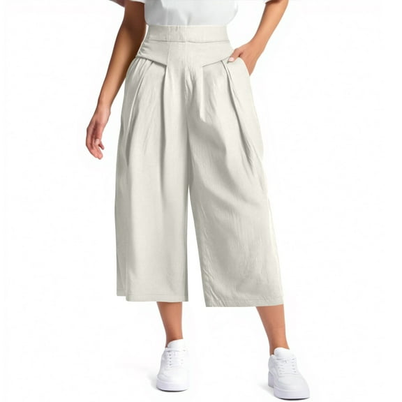 Lodgix Women's Culottes Linen Cropped Wide Leg Pants Elastic Waist Casual Palazzo Trousers with Pockets Beige M