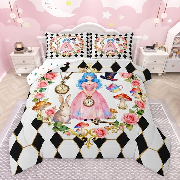 Castle Fairy Kids Teens Cartoon Princess Magician'S Hat Rabbit Bedding Comforter Set 2pcs,Playing Cards Plaid Twin Comforter Sets Microfiber,Floral Rose Botanical Mushroom Breathable Bedding Set
