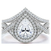 JeenMata 1.5 Carat Pear Cut Moissanite Wedding Set - Bridal Set - Art Deco Ring - Halo Ring - Cluster Ring - 18k White Gold Plated for Women