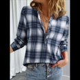 thumbnail image 4 of Camisas A Cuadros con Cuello en V para Mujer, Elegantes, Informales, con Botones, Estilo Bohemio, para el Trabajo, de Larga, para Otoño. Azul Marino M, 4 of 9
