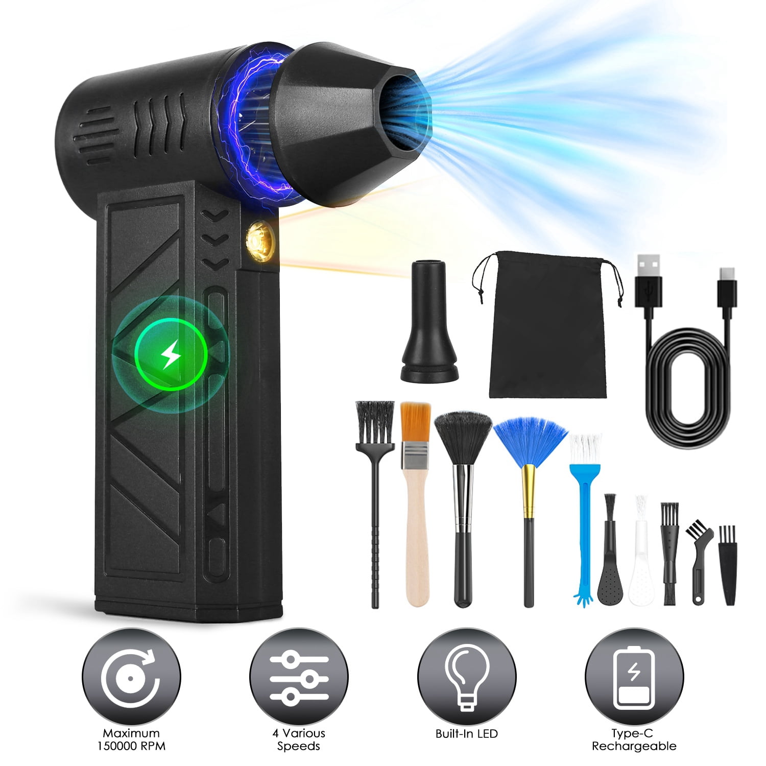 TeqHome Compressed Air Duster, 150000RPM Electric Air Duster Cleaning Kit with 4 Speeds Adjustable, Rechargeable Cordless Air Blower for Car Home Computer Keyboard Outdoor