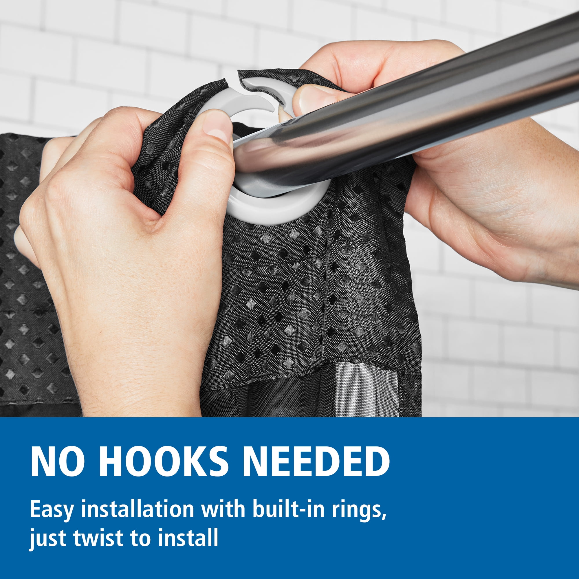 Mainstays Gemma Easy Hang Hookless Fabric Shower Curtain with Built-in Rings, 70" x 74", Black