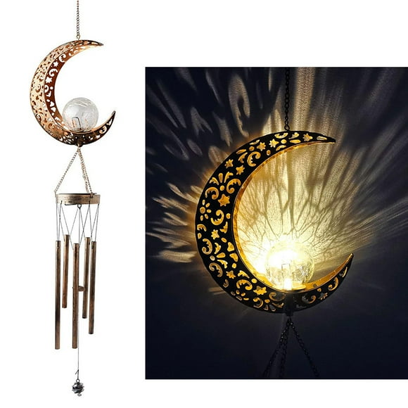 Carillon éolien Solaire extérieur LED en Fer forgé Creux Soleil Lune Pendentif Lampe Mobile décor Romantique pour Patio Jardin Cour décoration de la Maison(1pcs)