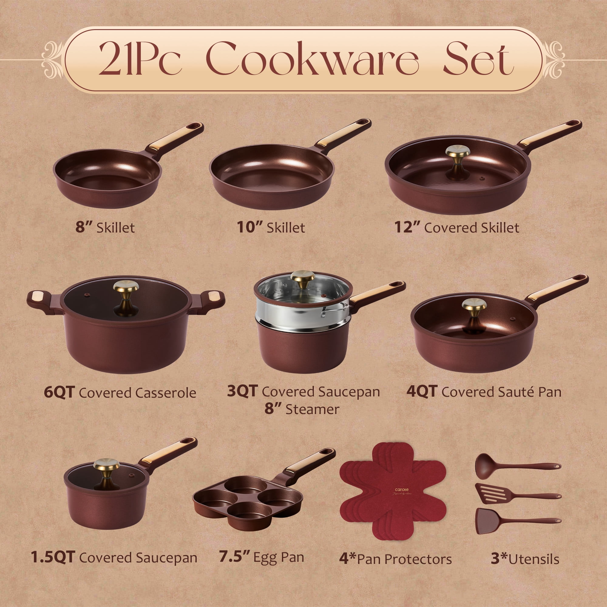 Carote Non-Toxic Ceramic Nonstick Pots and Pans Set, 21-Piece Cookware Set with Lids, All Stoves Compatible, Dishwasher Safe, Burgundy Red