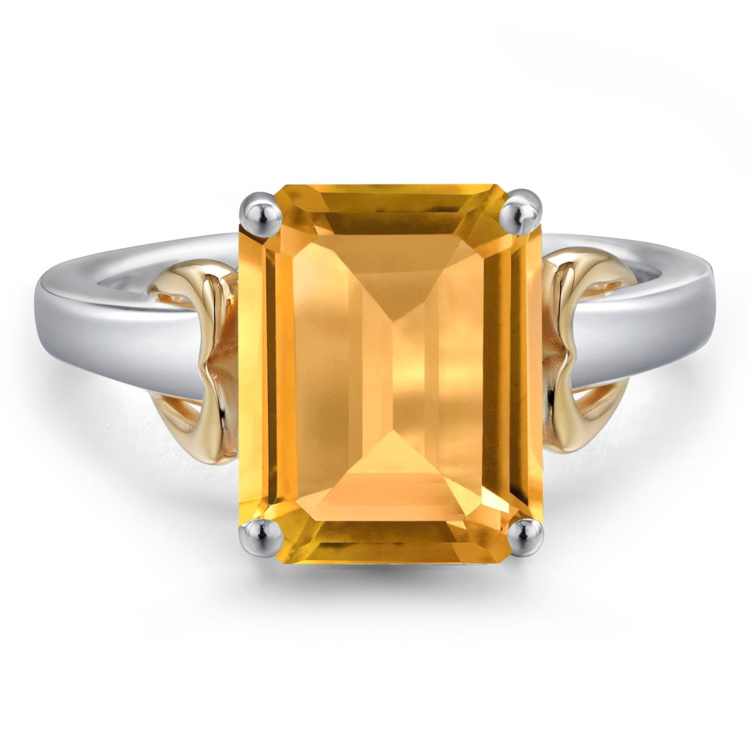 Gem Stone King 925 Silver and 10K Yellow Gold Yellow Citrine Solitaire Engagement Ring for Women | 2.90 Cttw | Emerald Cut 10X8MM | Gemstone November Birthstone | Size 7
