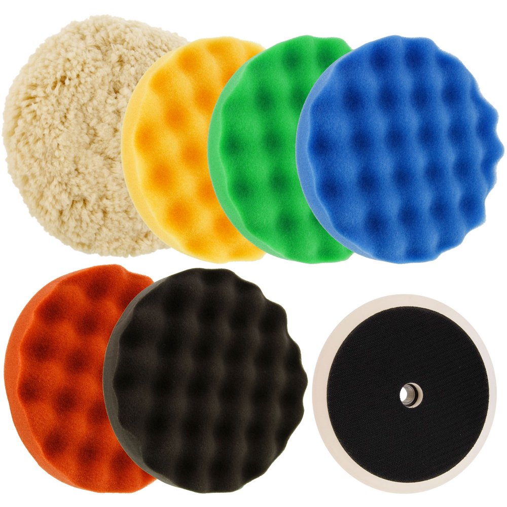 Waffle Foam & Wool Buffing & Polishing Pad Kit w/ 6 8" Pads Grip Backing Plate