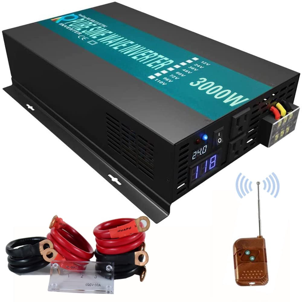 WZRELB 3000watt Pure Sine Wave Inverter 24V DC to 120V AC 60HZ with LED Display Wireless Remote Controller Car Inverter Generator (RBP300024VCRT)