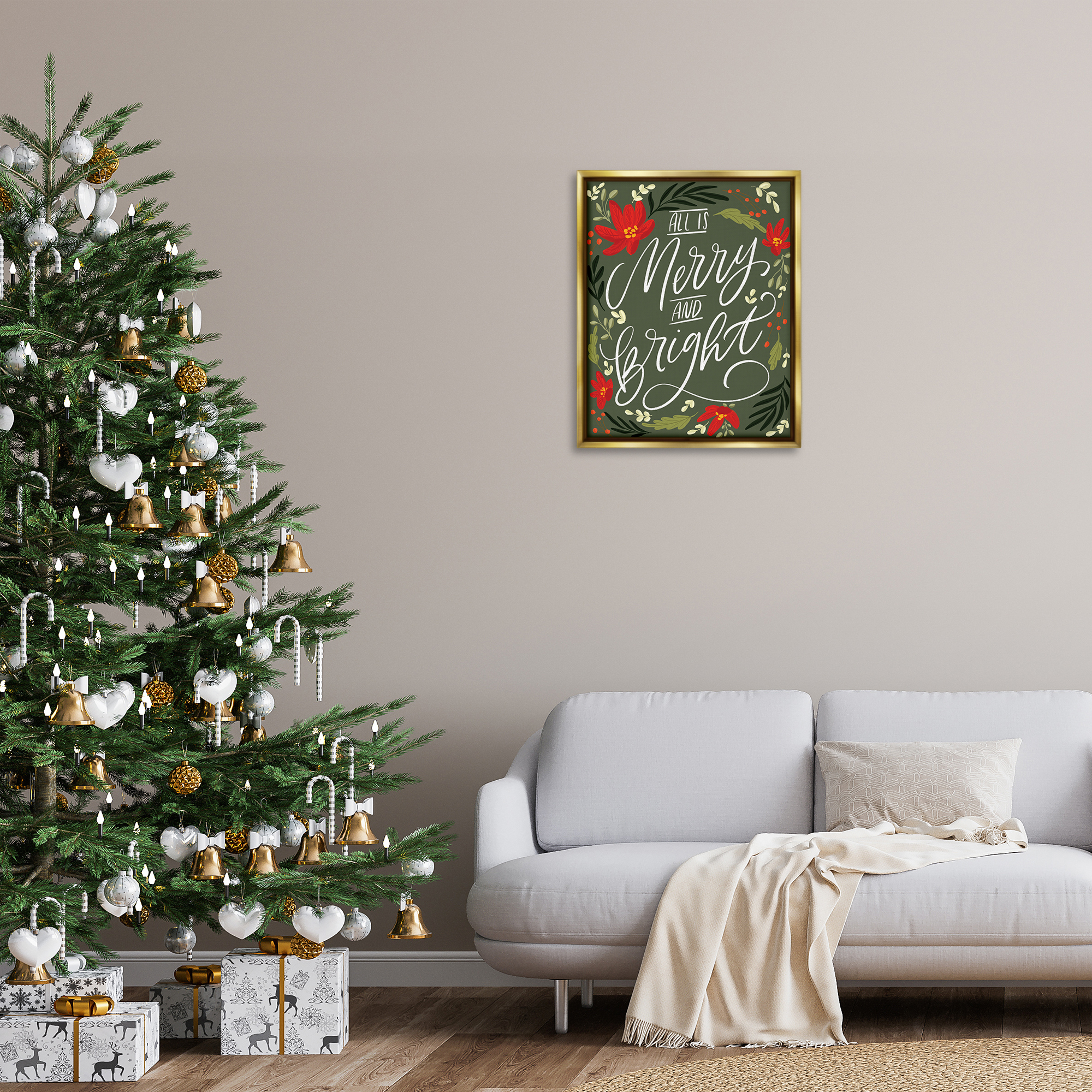 Stupell Industries Floral Merry and Bright Holiday Painting Gold Floater Framed Canvas Art Prints Wall Art, 25 x 31