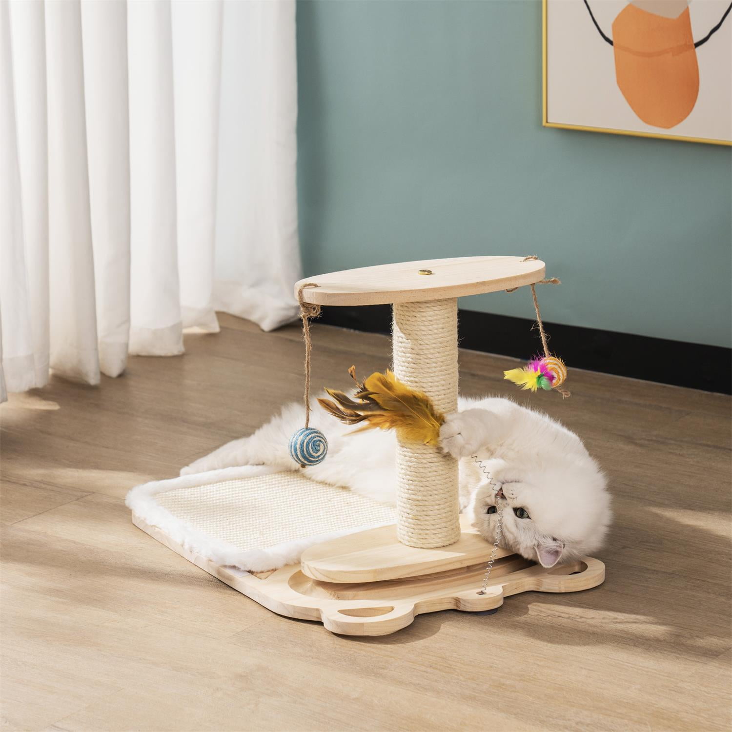 Pefilos 21 Inch Pets Cat Scratching Post Cat Scratcher Toy with Feather Stick and Mat Wooden 1-Layer Cat Turntable with 5 Interactive Balls and Dangling Ball Cat Toy, Beige Pefilos 21 Inch Pets Cat Scratching Post Cat Scratcher Toy with Feather Stick and Mat Wooden 1-Layer Cat Turntable with 5 Interactive Balls and Dangling Ball Cat Toy, Beige
