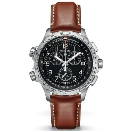 Aviation Band - Men's Khaki Aviation 46mm Brown Leather Band Steel Case Quartz Black Dial Analog Watch H77912535