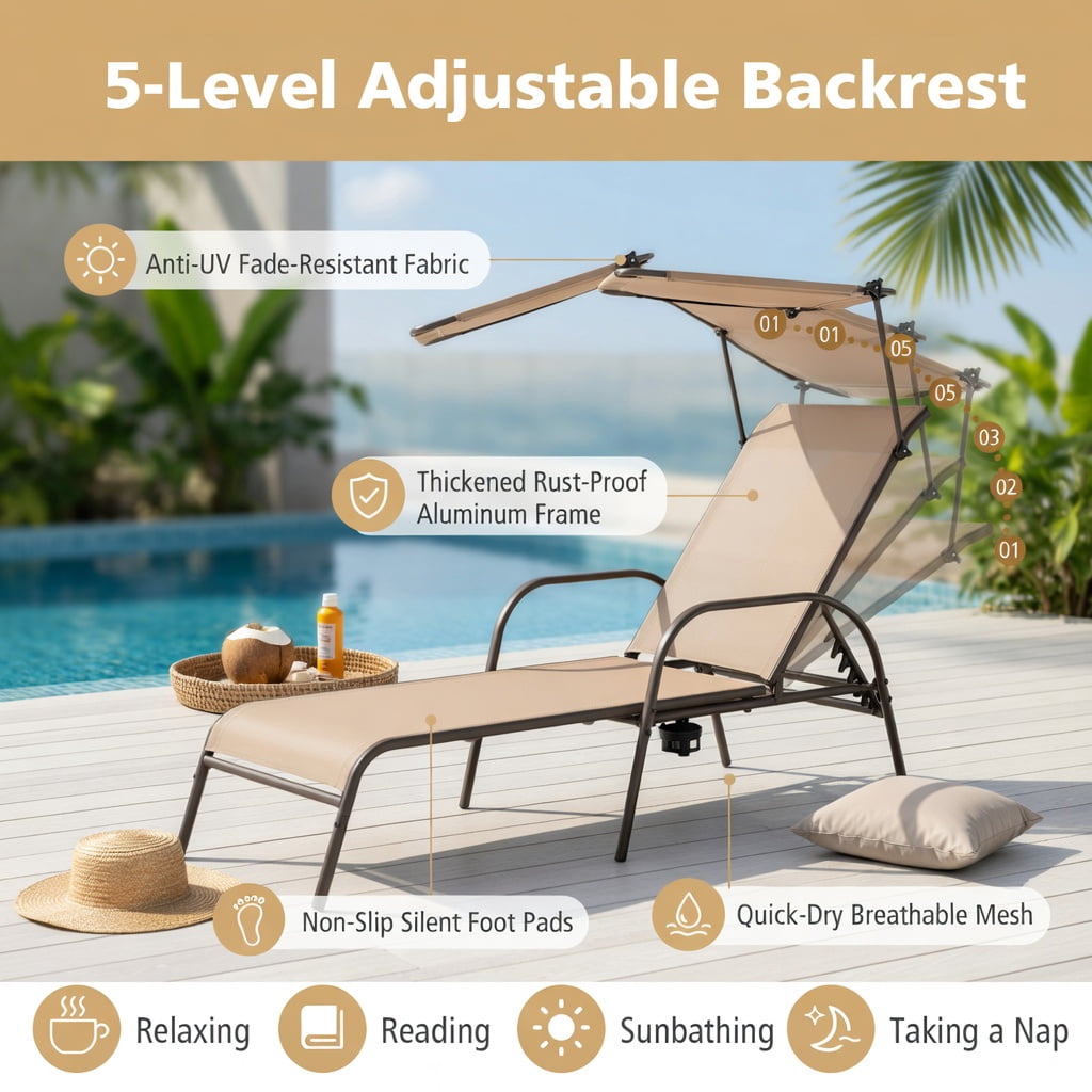 Hommoo Heavy-Duty 5-Position Adjustable Chaise Lounge Chair for Patio, Backyard & Poolside, Fabric & Metal Recliner with Sunshade Canopy & Hidden Cup Holder, Brown