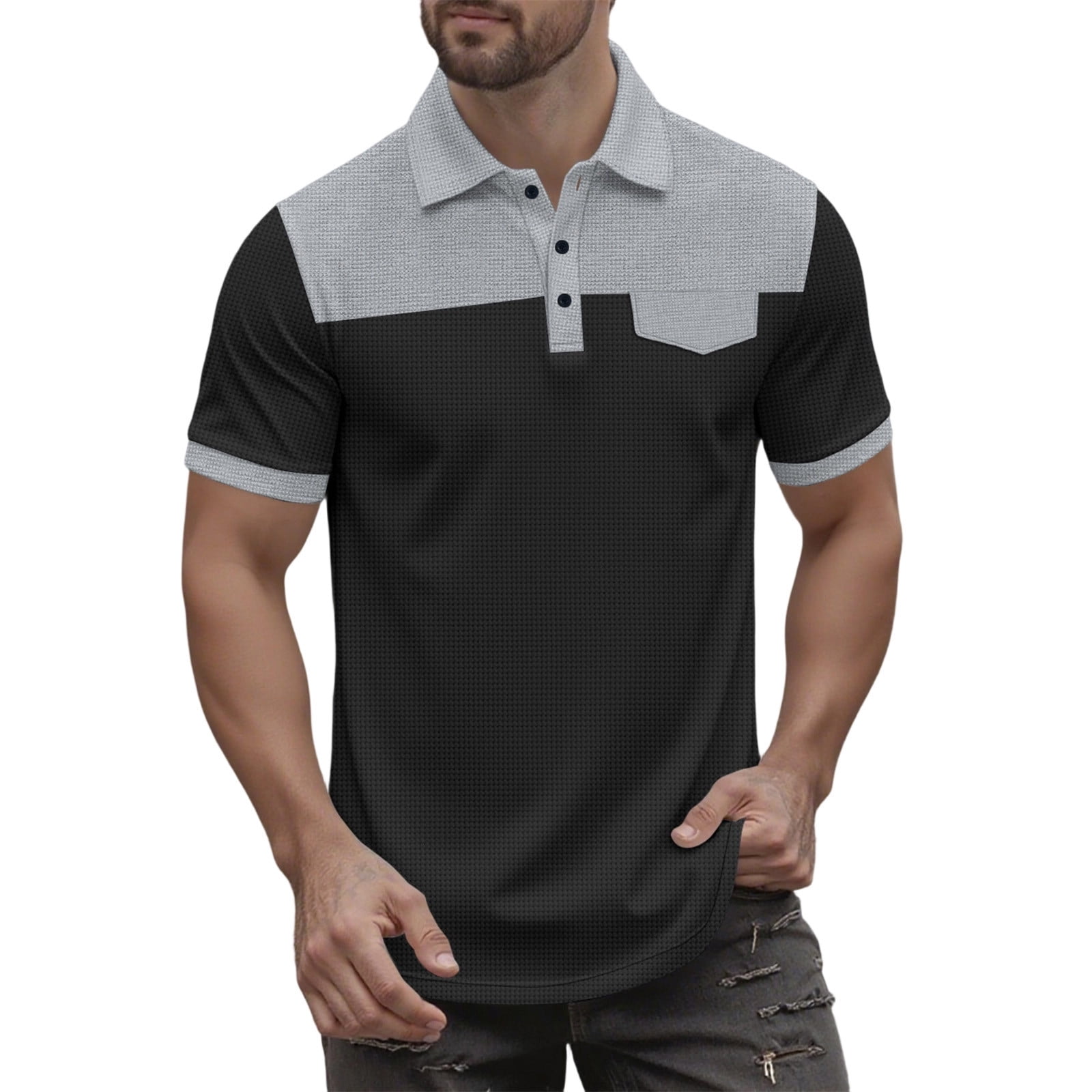 JUUYY Men s Golf Shirts Short Sleeve Casual Summer Collar Shirt Color Block Regular Fit Button Up Fashion Lightweight T-Shirts Black XL