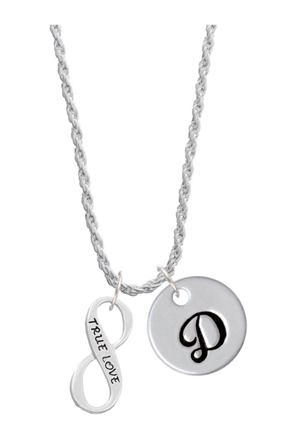 Silvertone True Love Infinity Sign Silvertone Script Initial Disc - D - Charm Necklace, 20"+3"