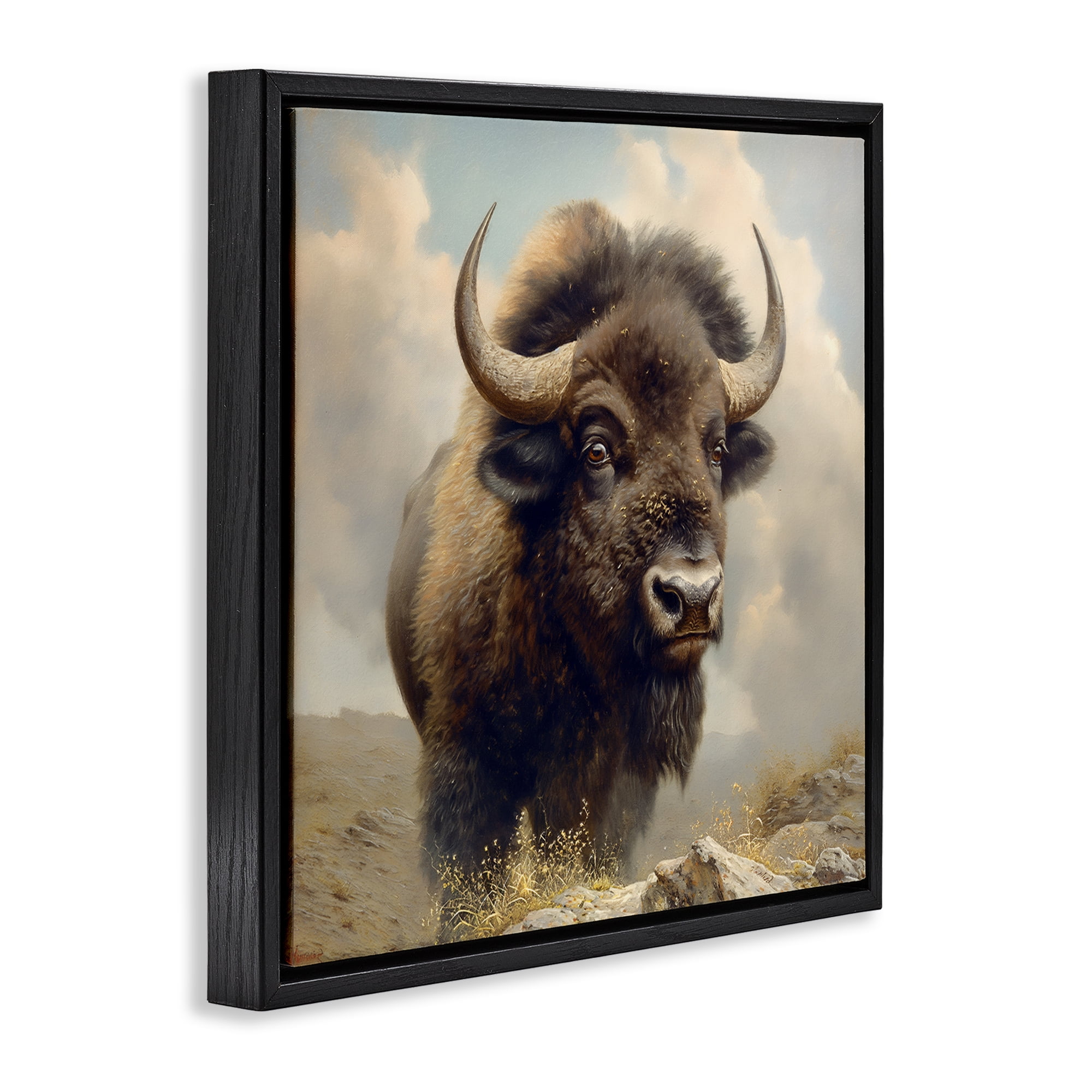 Stupell Industries Strong Bison Horns Animals Painting Black Floater Framed Canvas Art Print Wall Art, 18 x 18
