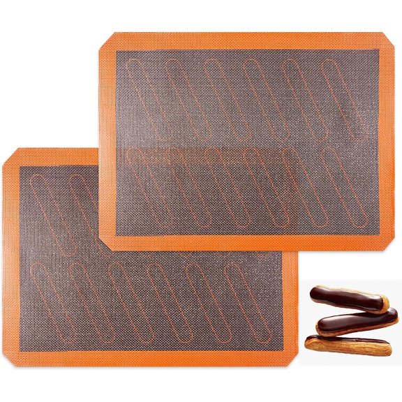Perforated Silicone Baking Mats, 2 PCS Eclair Silicone Mat for Half Sheet with 12 Printed Oblong Eclair Guides, Non-Stick Reusable Oven Liners for Making Bread/Pizza/Pastry/Cookie 11-4/5" x 15-3/4"