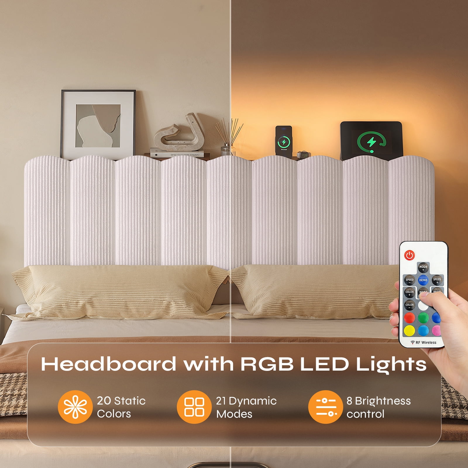 Pinmoco Queen Upholstered Headboard with Storage, LED Lights and Charging Station, Beige Striped Corduroy, Height Adjustable, Easy Assembly